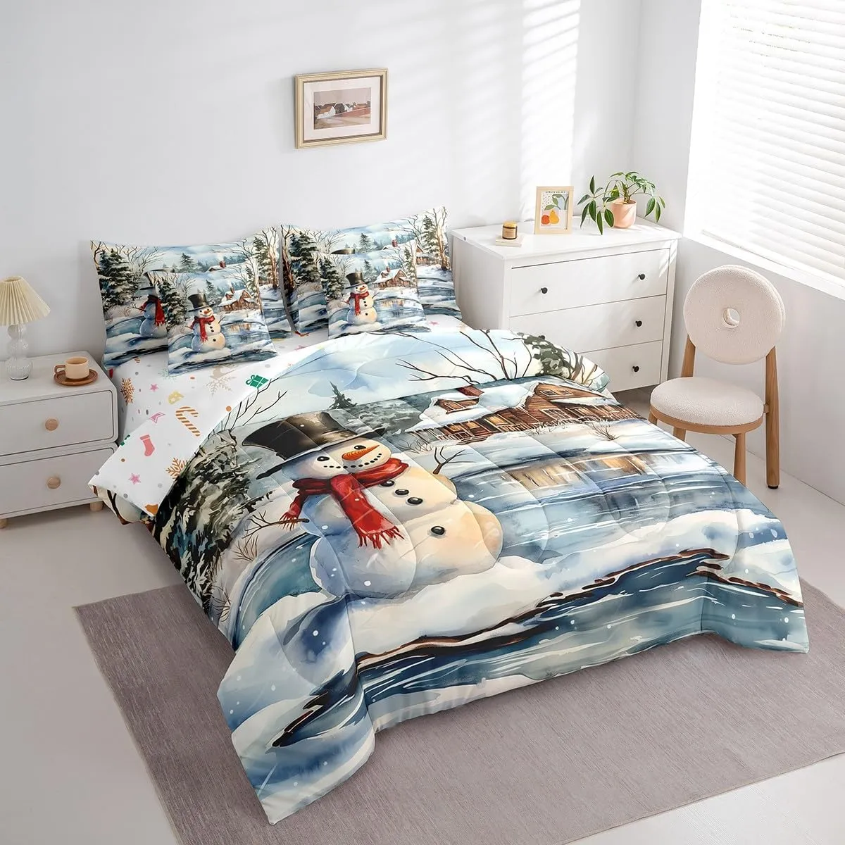 Manfei Snowman Comforter Set Full,Rustic Lake House Snowy Cabin Jungle Pine Trees Bedding Set,Winter Christmas Theme Xmas Gifts Bed Set 7 Pieces(Comforter Fitted Flat Sheet Pillowcase Pillow Cover)