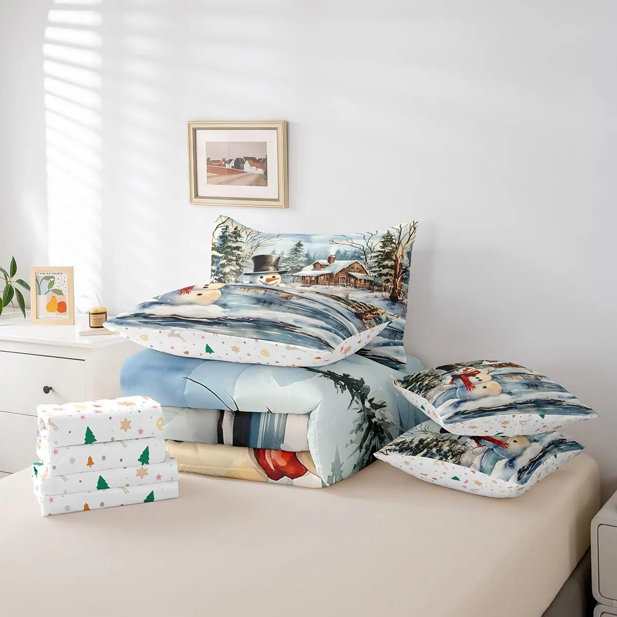 Manfei Snowman Comforter Set Full,Rustic Lake House Snowy Cabin Jungle Pine Trees Bedding Set,Winter Christmas Theme Xmas Gifts Bed Set 7 Pieces(Comforter Fitted Flat Sheet Pillowcase Pillow Cover)