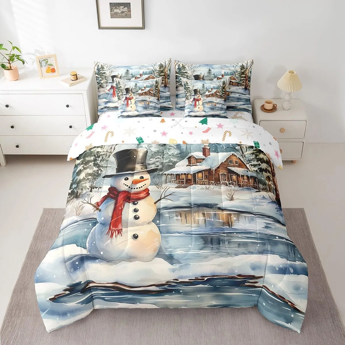 Manfei Snowman Comforter Set Full,Rustic Lake House Snowy Cabin Jungle Pine Trees Bedding Set,Winter Christmas Theme Xmas Gifts Bed Set 7 Pieces(Comforter Fitted Flat Sheet Pillowcase Pillow Cover)