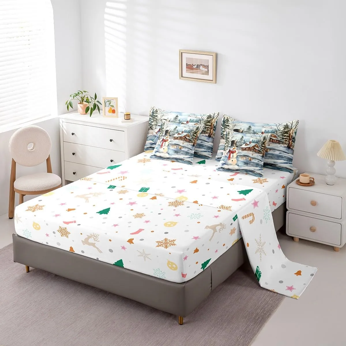 Manfei Snowman Comforter Set Full,Rustic Lake House Snowy Cabin Jungle Pine Trees Bedding Set,Winter Christmas Theme Xmas Gifts Bed Set 7 Pieces(Comforter Fitted Flat Sheet Pillowcase Pillow Cover)