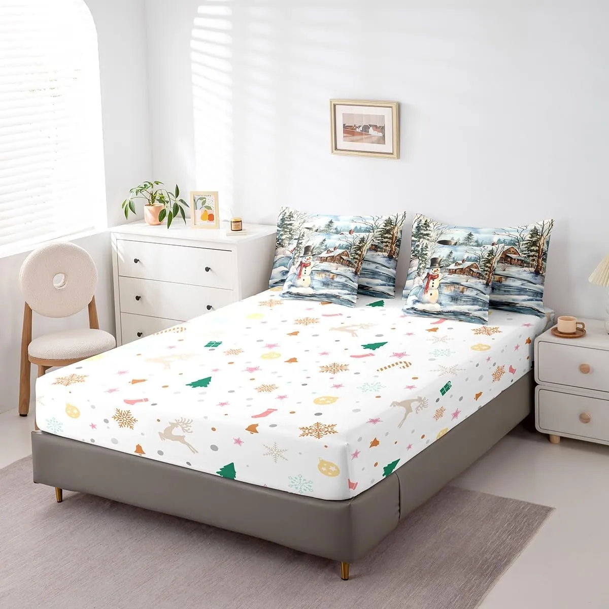 Manfei Snowman Comforter Set Full,Rustic Lake House Snowy Cabin Jungle Pine Trees Bedding Set,Winter Christmas Theme Xmas Gifts Bed Set 7 Pieces(Comforter Fitted Flat Sheet Pillowcase Pillow Cover)