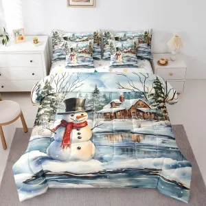 Manfei Snowman Comforter Set Full,Rustic Lake House Snowy Cabin Jungle Pine Trees Bedding Set,Winter Christmas Theme Xmas Gifts Bed Set 7 Pieces(Comforter Fitted Flat Sheet Pillowcase Pillow Cover)