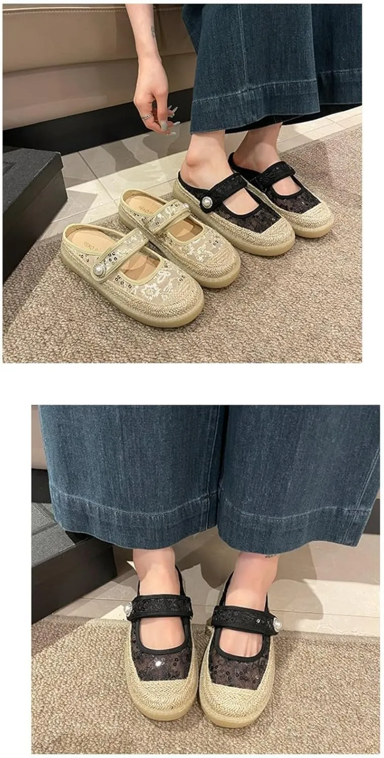 Mary Jane Espadrilles for Women Platform Rattan Sandals Mesh Ballet Flats Slip on House Slippers Rhinestone Mules Lightweight Breathable Low Top Strap Backless Tennis Shoes Summer Beach Party Vacation