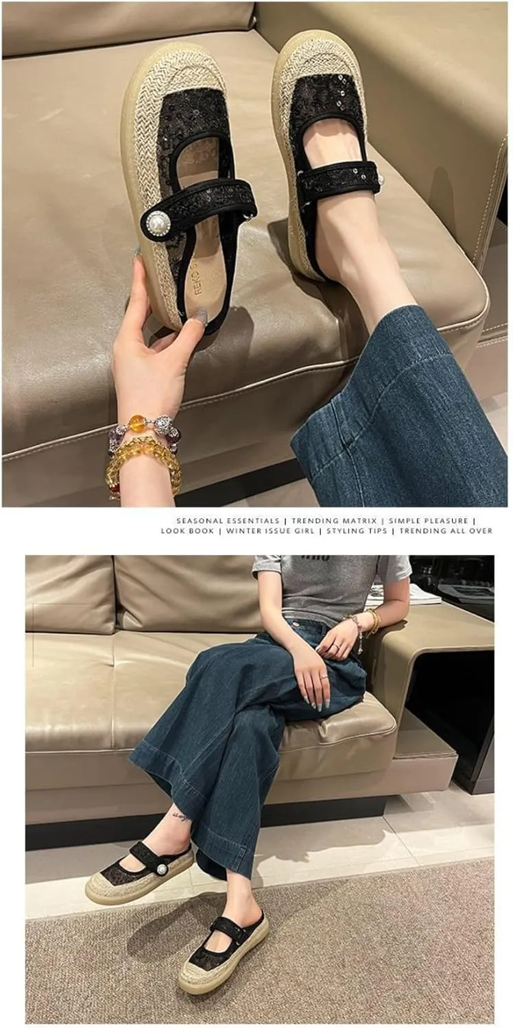 Mary Jane Espadrilles for Women Platform Rattan Sandals Mesh Ballet Flats Slip on House Slippers Rhinestone Mules Lightweight Breathable Low Top Strap Backless Tennis Shoes Summer Beach Party Vacation