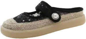 Mary Jane Espadrilles for Women Platform Rattan Sandals Mesh Ballet Flats Slip on House Slippers Rhinestone Mules Lightweight Breathable Low Top Strap Backless Tennis Shoes Summer Beach Party Vacation