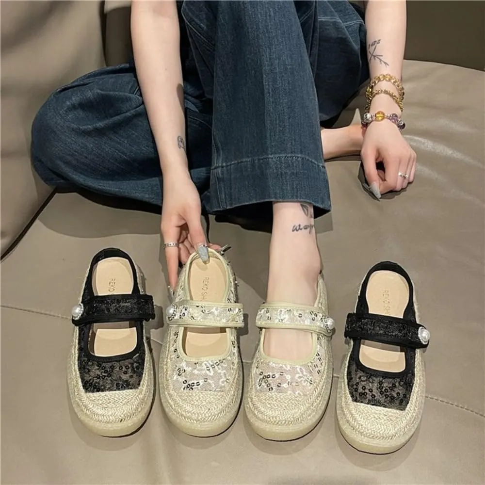 Mary Jane Espadrilles for Women Platform Rattan Sandals Mesh Ballet Flats Slip on House Slippers Rhinestone Mules Lightweight Breathable Low Top Strap Backless Tennis Shoes Summer Beach Party Vacation