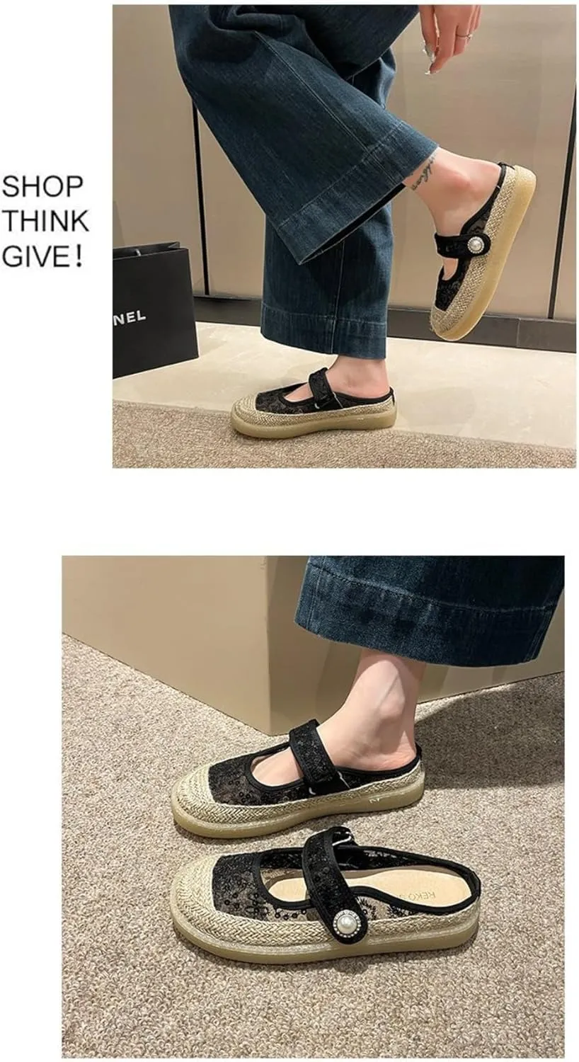 Mary Jane Espadrilles for Women Platform Rattan Sandals Mesh Ballet Flats Slip on House Slippers Rhinestone Mules Lightweight Breathable Low Top Strap Backless Tennis Shoes Summer Beach Party Vacation