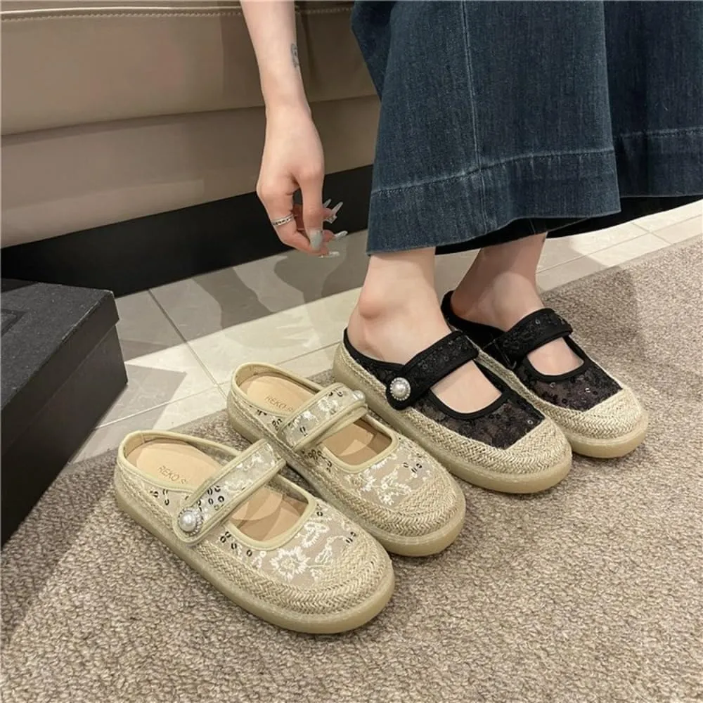 Mary Jane Espadrilles for Women Platform Rattan Sandals Mesh Ballet Flats Slip on House Slippers Rhinestone Mules Lightweight Breathable Low Top Strap Backless Tennis Shoes Summer Beach Party Vacation