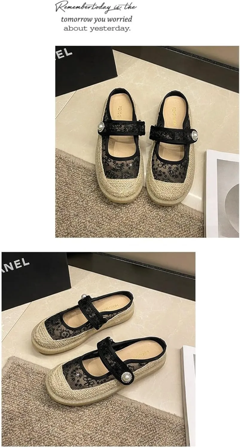 Mary Jane Espadrilles for Women Platform Rattan Sandals Mesh Ballet Flats Slip on House Slippers Rhinestone Mules Lightweight Breathable Low Top Strap Backless Tennis Shoes Summer Beach Party Vacation