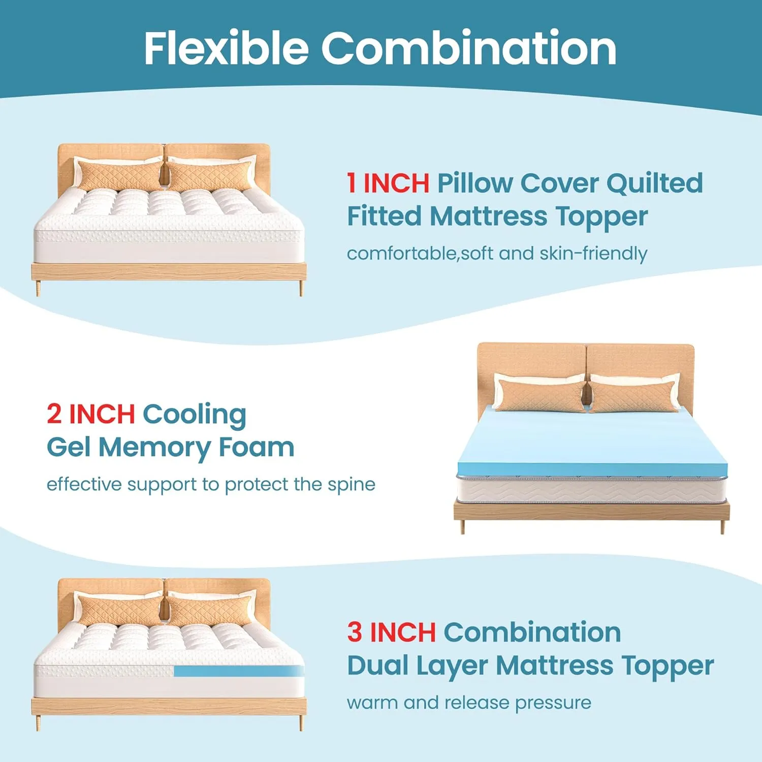 Mattress Topper King Size, 3 Inch King Mattress Topper Dual Layer, 1 Inch Pillow Topper and 2 Inch Cooling Gel Memory Foam Mattress Topper for Back Pain
