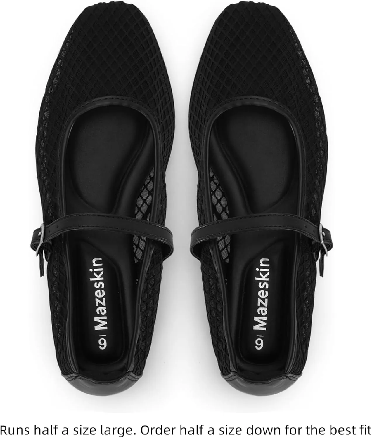 mazeskin Womens Mesh Memory Foam Ballet Flats Square Toe Shoes Ladies Comfortable Buckle Strap Ballerina Shoes with Rhinestone