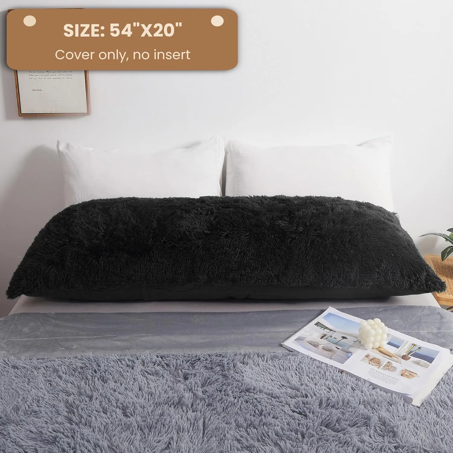 MEGO Luxury Fluffy Body Pillow Cover, 20x54 Shaggy Faux Fur Body Pillow Case, Black Soft Plush Fuzzy Body Pillowcase, Decorative Furry Long Bed Pillow with Zipper Closure Hug Pillow for Bedroom Black