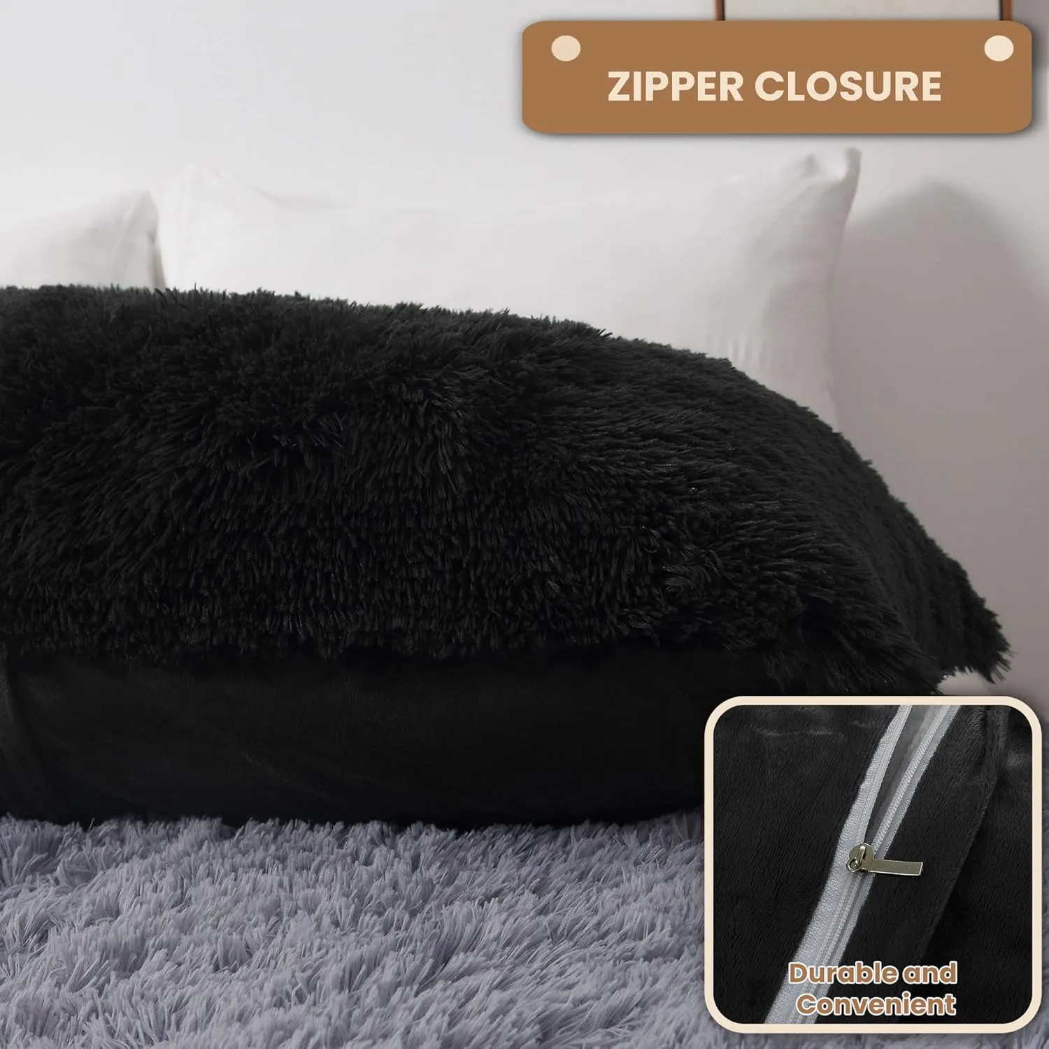 MEGO Luxury Fluffy Body Pillow Cover, 20x54 Shaggy Faux Fur Body Pillow Case, Black Soft Plush Fuzzy Body Pillowcase, Decorative Furry Long Bed Pillow with Zipper Closure Hug Pillow for Bedroom Black