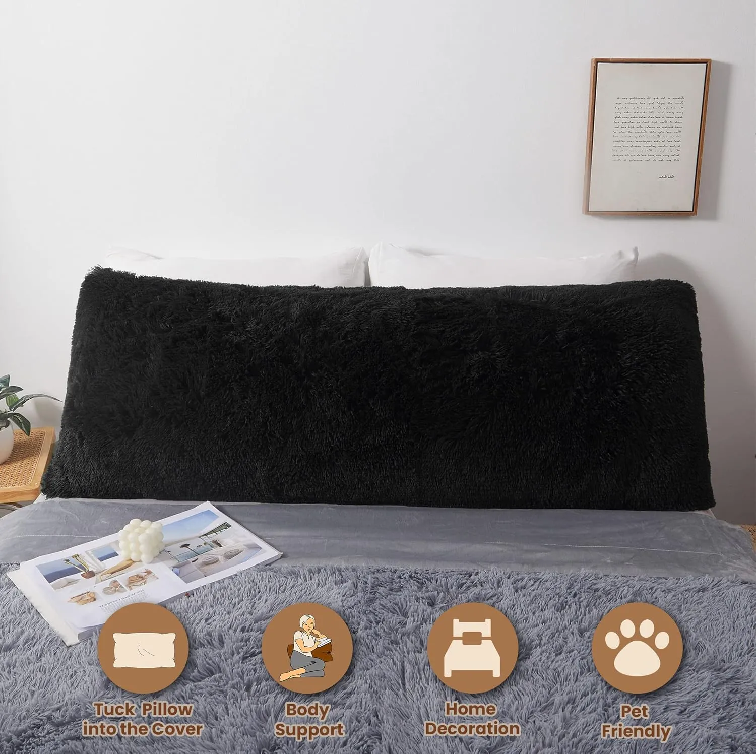 MEGO Luxury Fluffy Body Pillow Cover, 20x54 Shaggy Faux Fur Body Pillow Case, Black Soft Plush Fuzzy Body Pillowcase, Decorative Furry Long Bed Pillow with Zipper Closure Hug Pillow for Bedroom Black