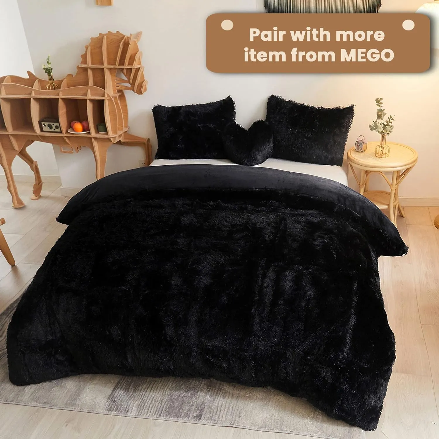MEGO Luxury Fluffy Body Pillow Cover, 20x54 Shaggy Faux Fur Body Pillow Case, Black Soft Plush Fuzzy Body Pillowcase, Decorative Furry Long Bed Pillow with Zipper Closure Hug Pillow for Bedroom Black
