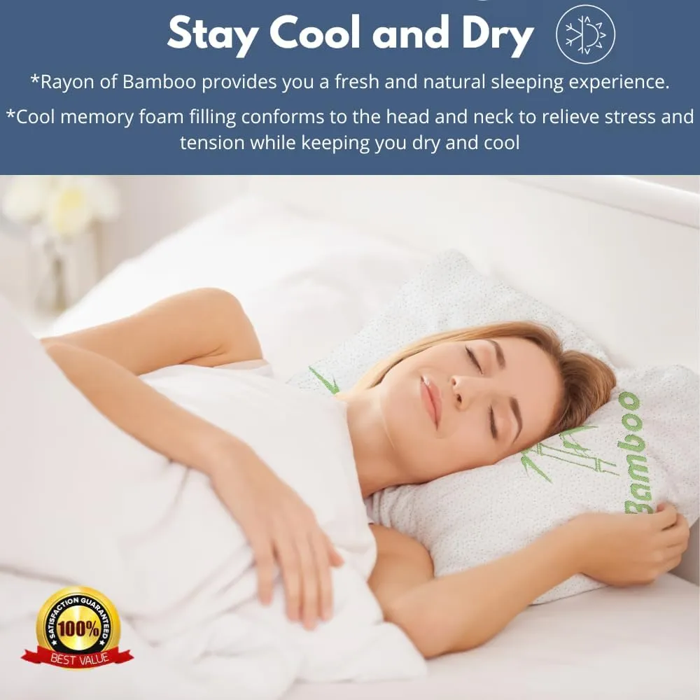 Memory Foam Bamboo Pillow Queen Size - [Adjustable] for Sleeping - Cool & Breathable Cover with Zipper Rayon Derived from Bamboo - Relieves Neck Pain - Back/Stomach/Side Sleeper