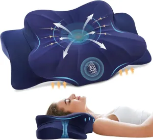 Memory Foam Cervical Pillow for Neck and Shoulder, Ergonomic Contour Cervical Neck Pillow for Sleeping, Cooling Neck Support Pillows for Side Back Stomach Sleeper Standard Size Deep Blue