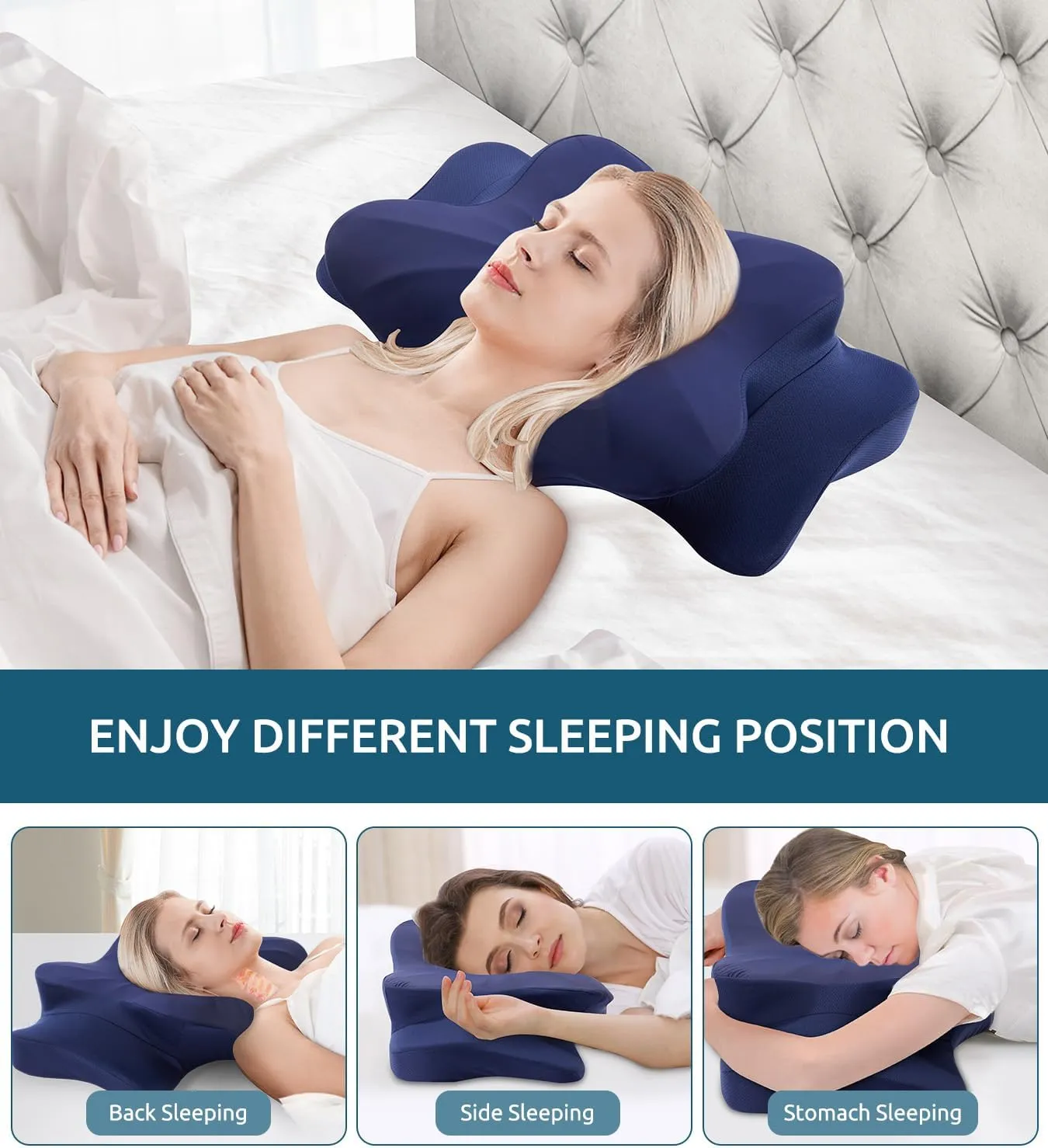 Memory Foam Cervical Pillow for Neck and Shoulder, Ergonomic Contour Cervical Neck Pillow for Sleeping, Cooling Neck Support Pillows for Side Back Stomach Sleeper Standard Size Deep Blue