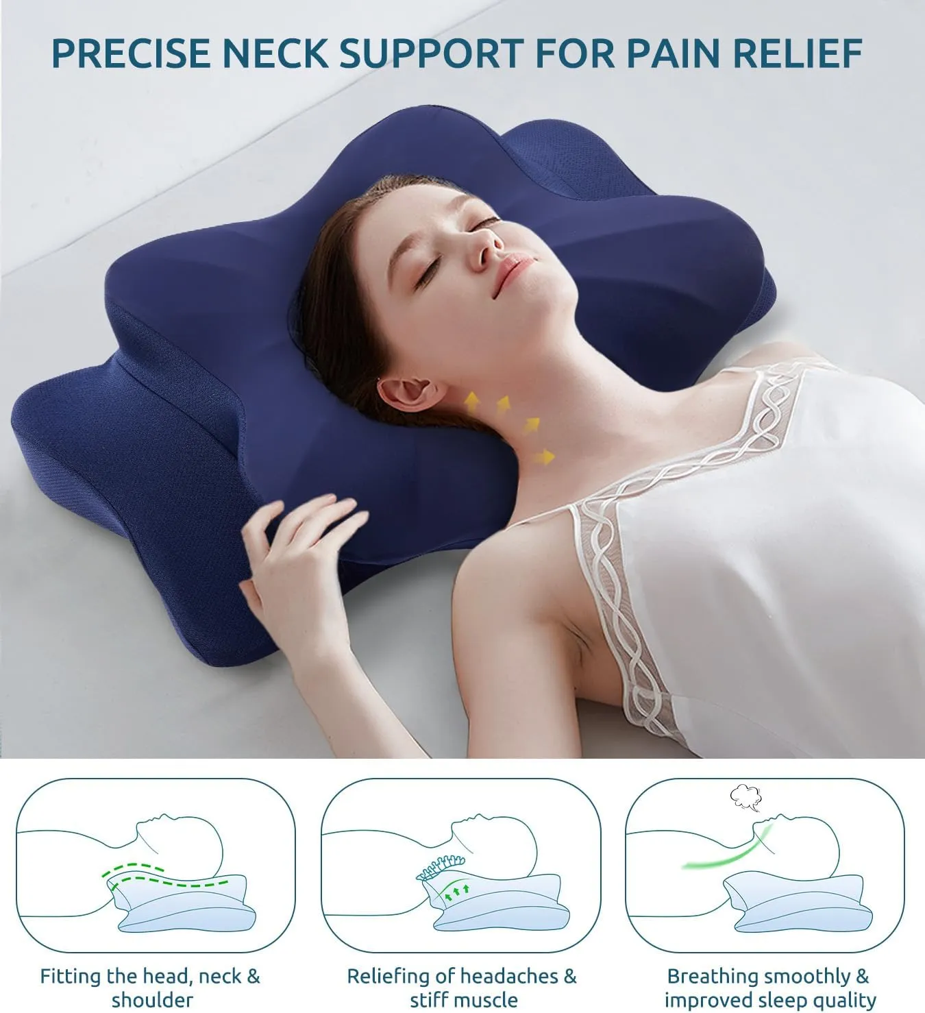 Memory Foam Cervical Pillow for Neck and Shoulder, Ergonomic Contour Cervical Neck Pillow for Sleeping, Cooling Neck Support Pillows for Side Back Stomach Sleeper Standard Size Deep Blue
