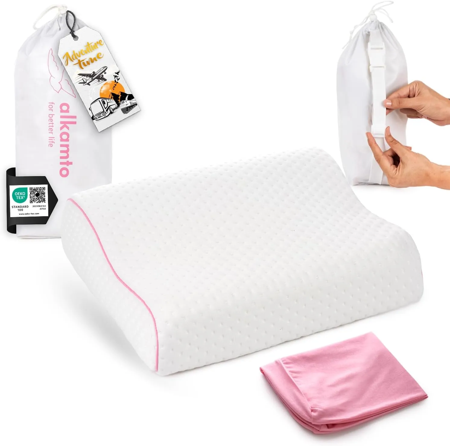 Memory Foam Pillow for Travel and Camping with Extra Cotton Cover – Easy to Carry Portable Bag (Pink Contour)