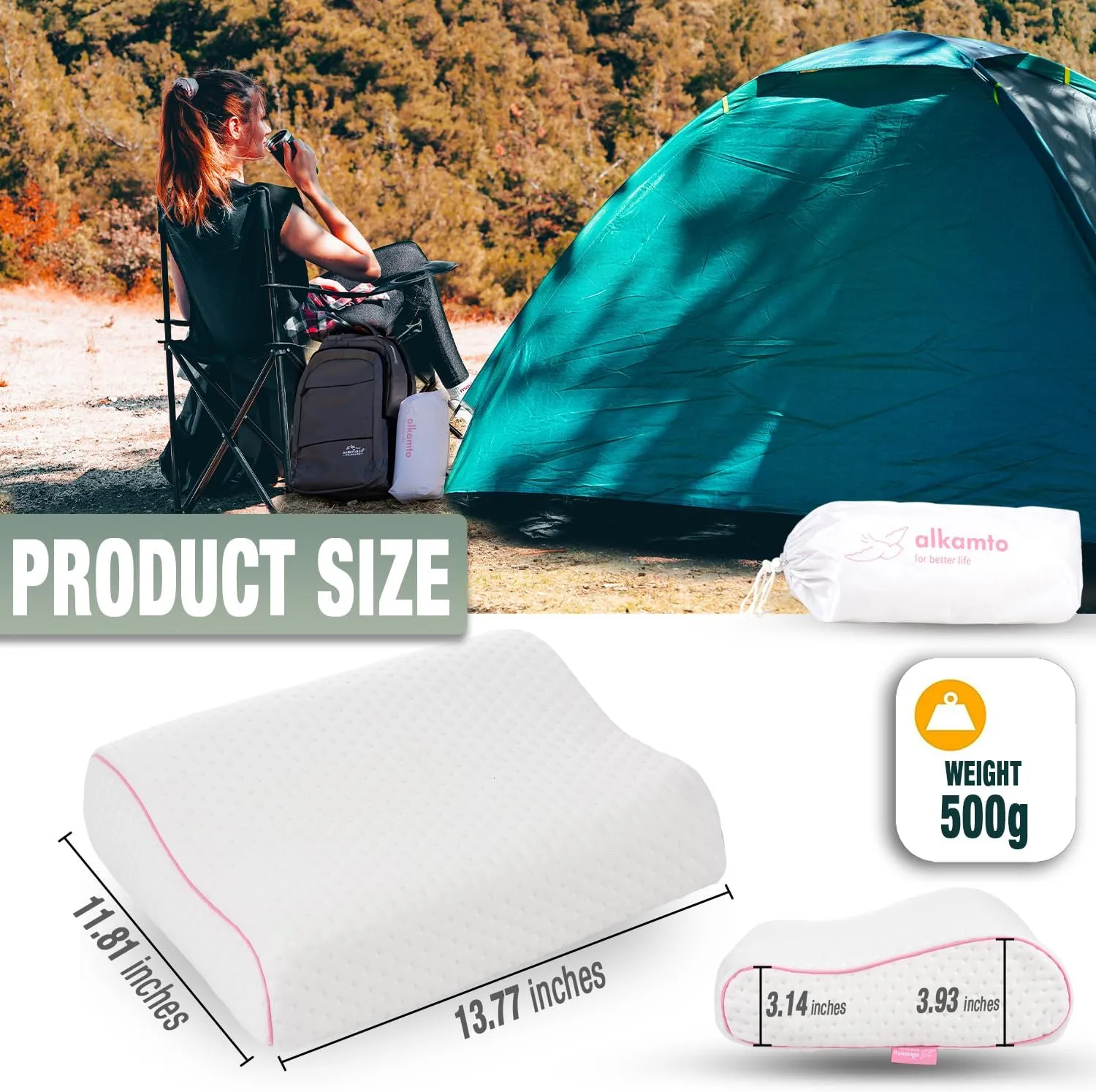 Memory Foam Pillow for Travel and Camping with Extra Cotton Cover – Easy to Carry Portable Bag (Pink Contour)