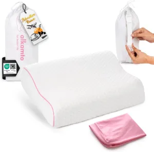 Memory Foam Pillow for Travel and Camping with Extra Cotton Cover – Easy to Carry Portable Bag (Pink Contour)
