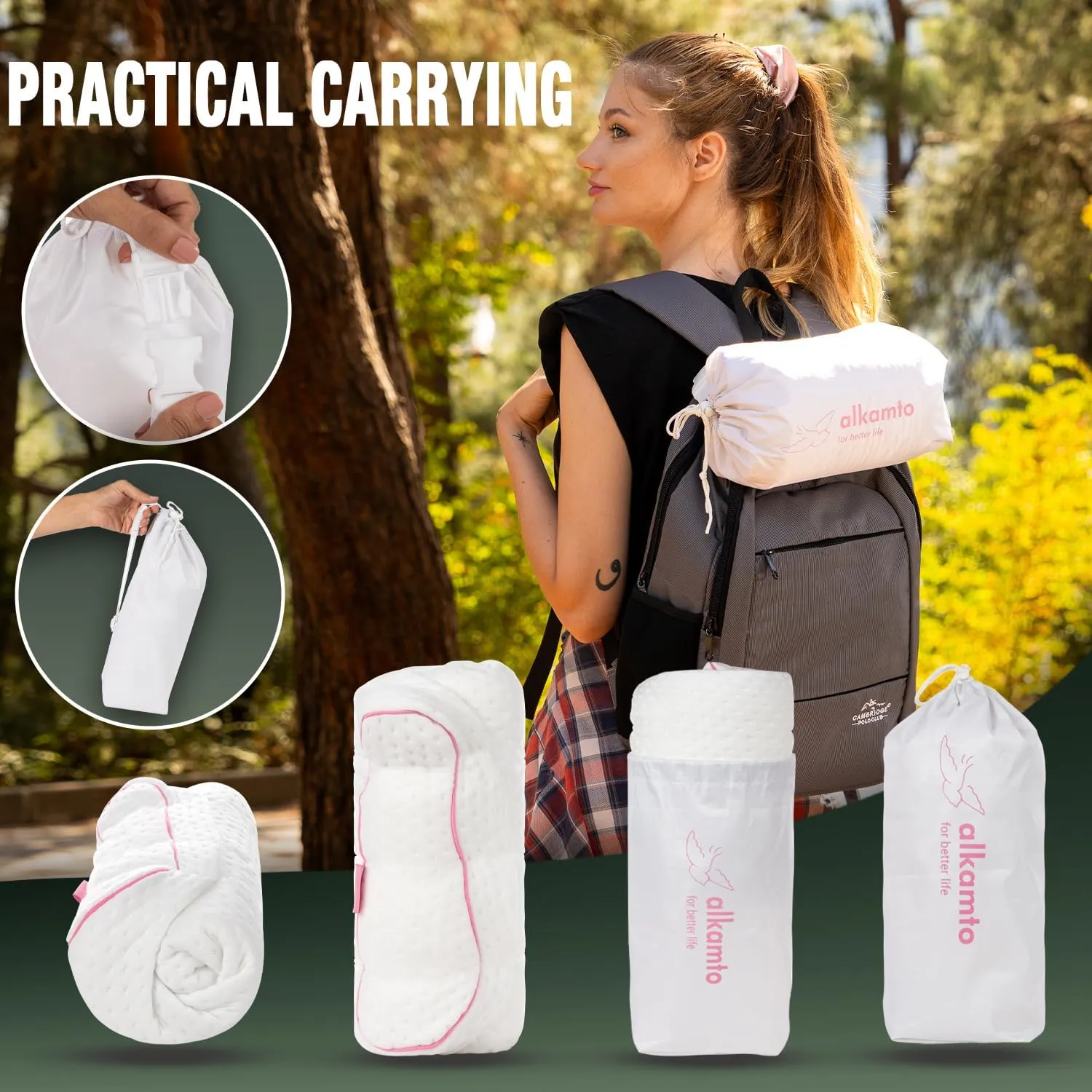 Memory Foam Pillow for Travel and Camping with Extra Cotton Cover – Easy to Carry Portable Bag (Pink Contour)
