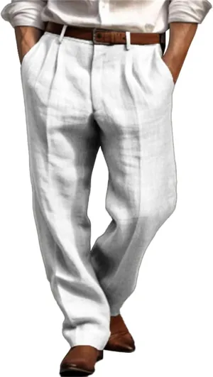 Men Casual Pants Linen Double Pleated Front Bag Belt Straight Leg Trousers Comfortable Breathable Business Work Pants