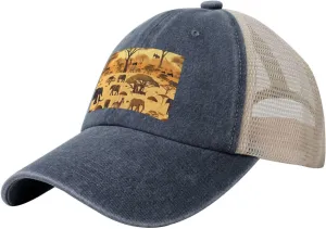 Men Women Denim Mesh Baseball Cap, African Grassland Animals Print Trucker Hat, Summer Breathable Outdoor Dad Hat