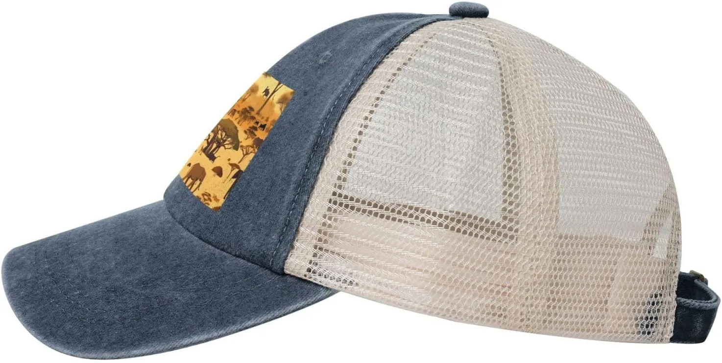Men Women Denim Mesh Baseball Cap, African Grassland Animals Print Trucker Hat, Summer Breathable Outdoor Dad Hat