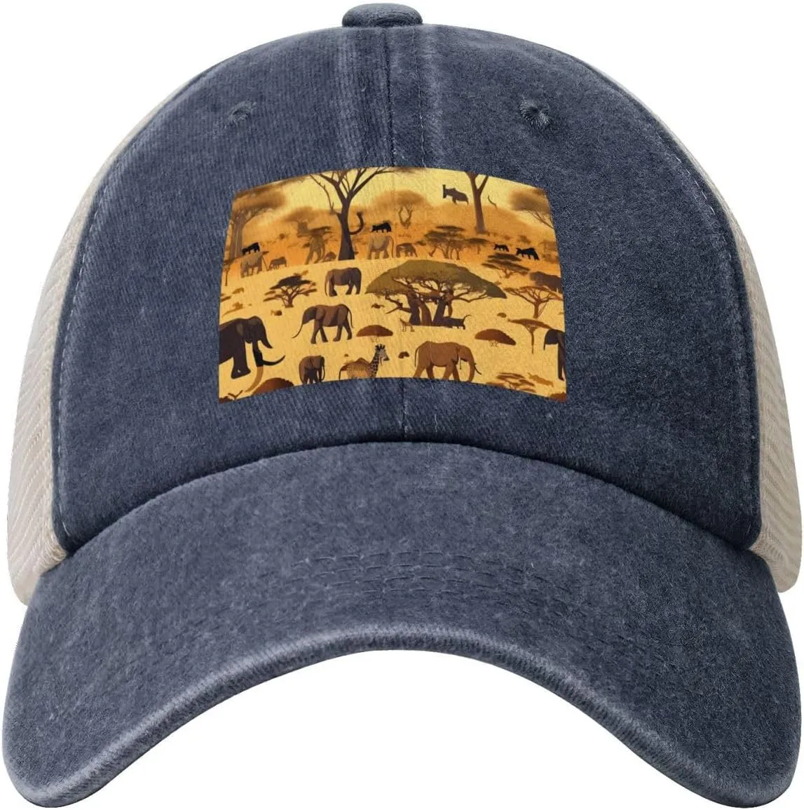 Men Women Denim Mesh Baseball Cap, African Grassland Animals Print Trucker Hat, Summer Breathable Outdoor Dad Hat