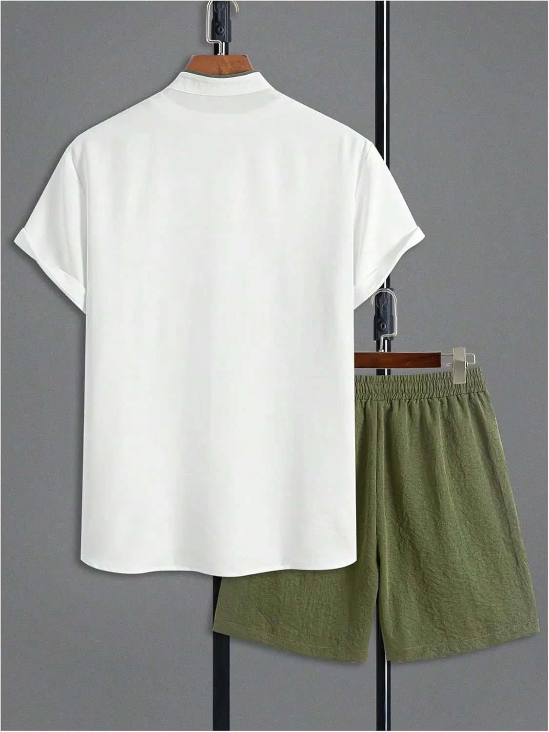 Men's 2 Piece Color Block Summer Outfits Band Collar Button Down Shirts and Drawstring Shorts Set