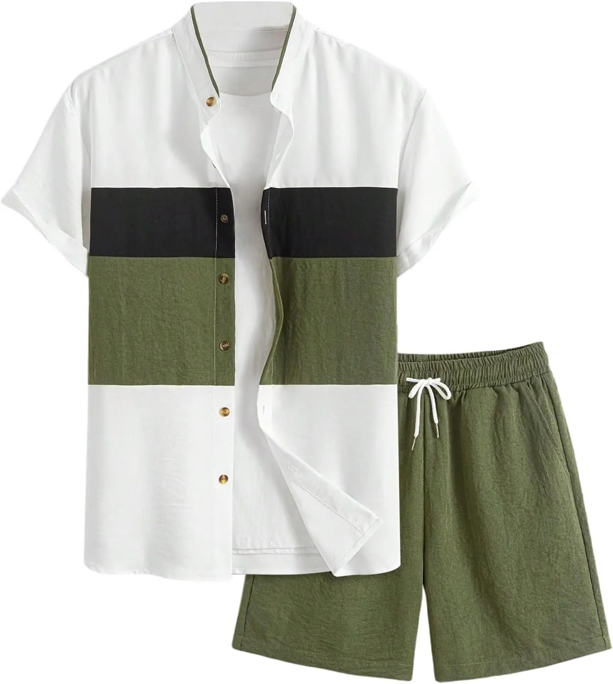 Men's 2 Piece Color Block Summer Outfits Band Collar Button Down Shirts and Drawstring Shorts Set