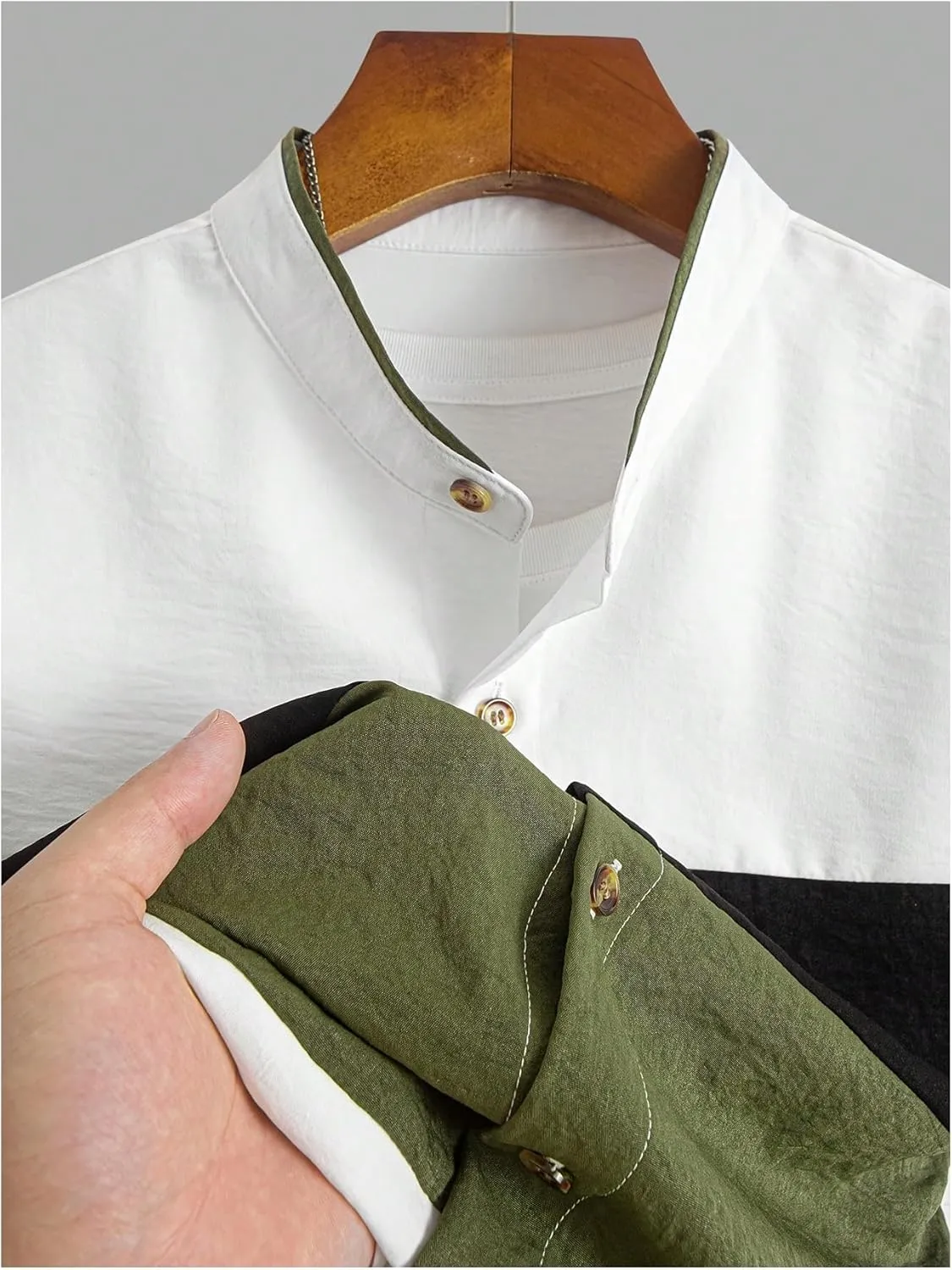 Men's 2 Piece Color Block Summer Outfits Band Collar Button Down Shirts and Drawstring Shorts Set