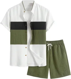 Men's 2 Piece Color Block Summer Outfits Band Collar Button Down Shirts and Drawstring Shorts Set