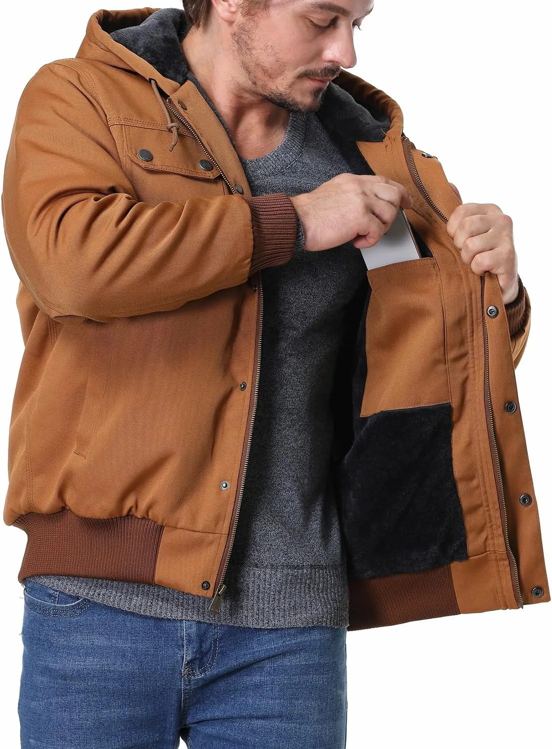 Men's Fit Relaxed Work Coat Fleece Lined Waterproof Workwear Winter Hooded Jacket with Multiple Pockets