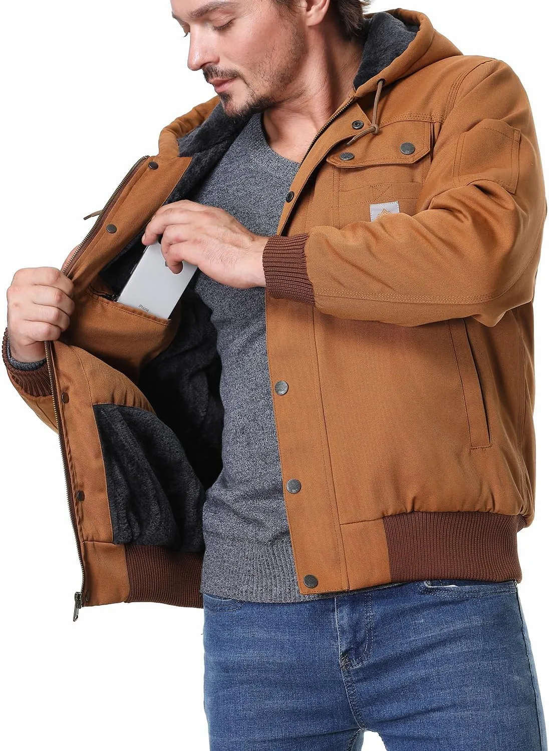 Men's Fit Relaxed Work Coat Fleece Lined Waterproof Workwear Winter Hooded Jacket with Multiple Pockets