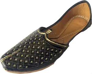 Men's Flat Black Wedding Khussa Shoes Traditional Indian Leather Loafer Punjabi Jutti