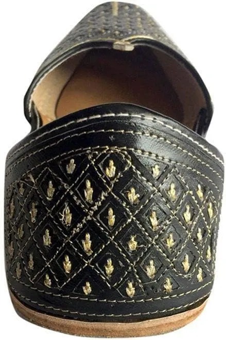 Men's Flat Black Wedding Khussa Shoes Traditional Indian Leather Loafer Punjabi Jutti