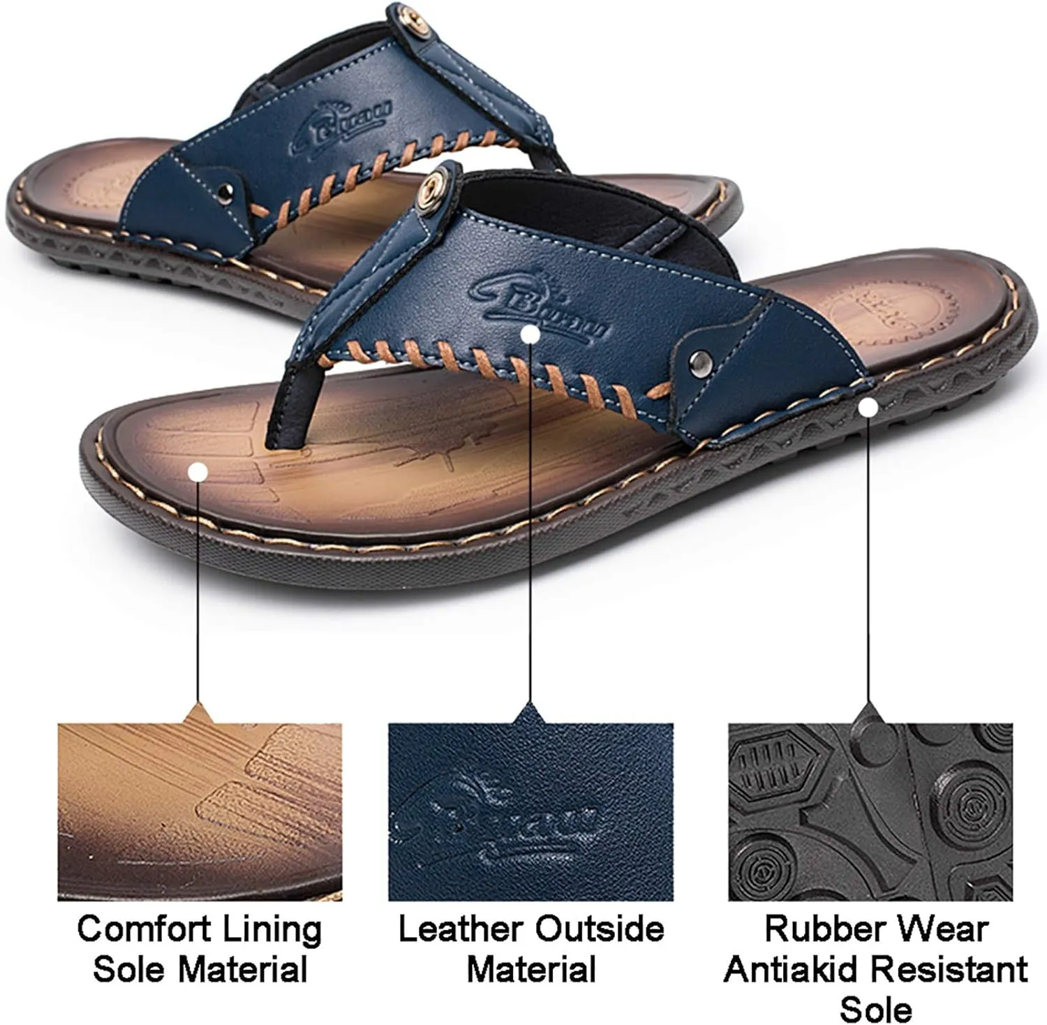 Mens Flip Flops Casual Leather Home Sandals for Mens Rubber Sole Slippers