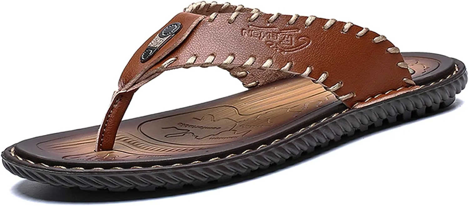 Mens Flip Flops Casual Leather Home Sandals for Mens Rubber Sole Slippers
