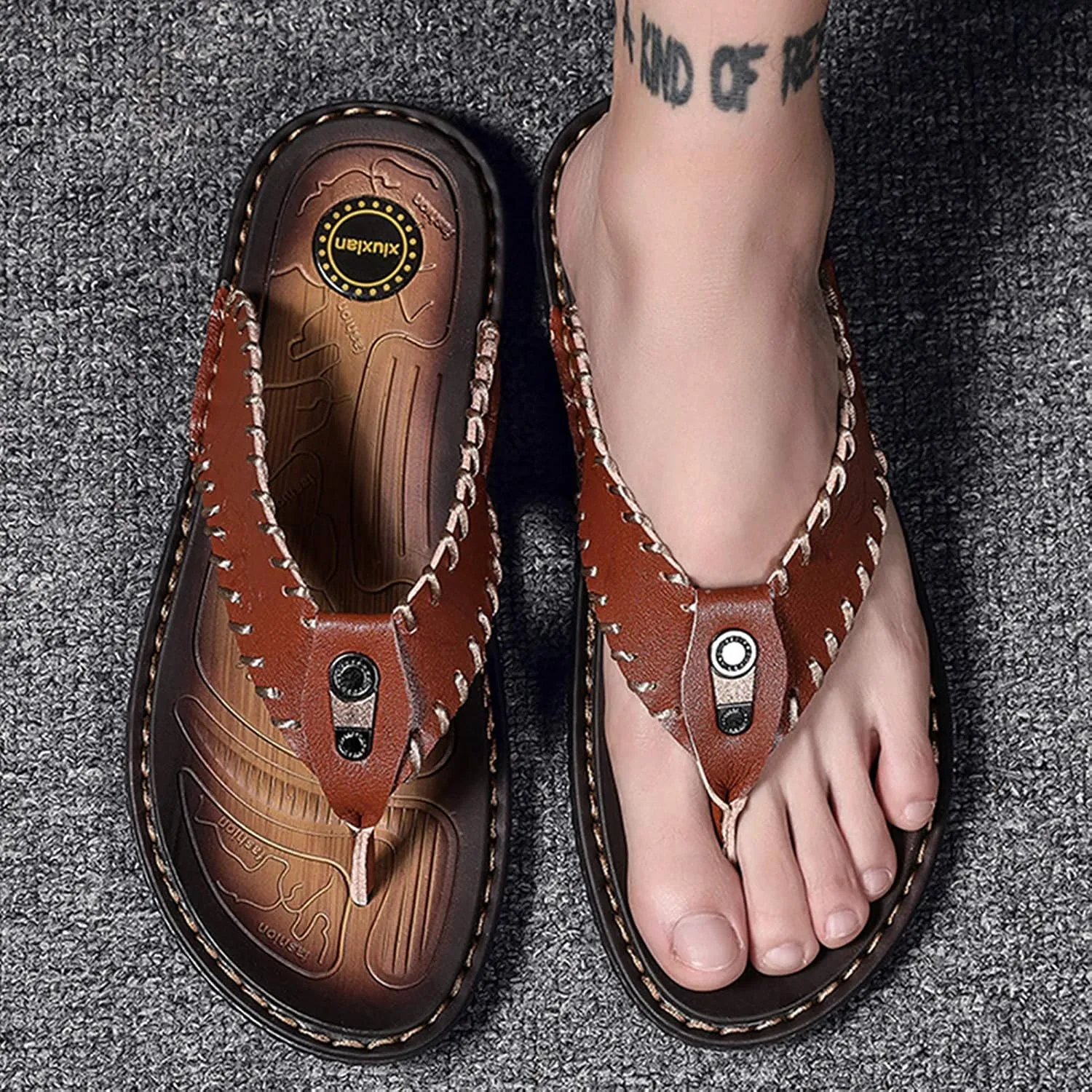 Mens Flip Flops Casual Leather Home Sandals for Mens Rubber Sole Slippers