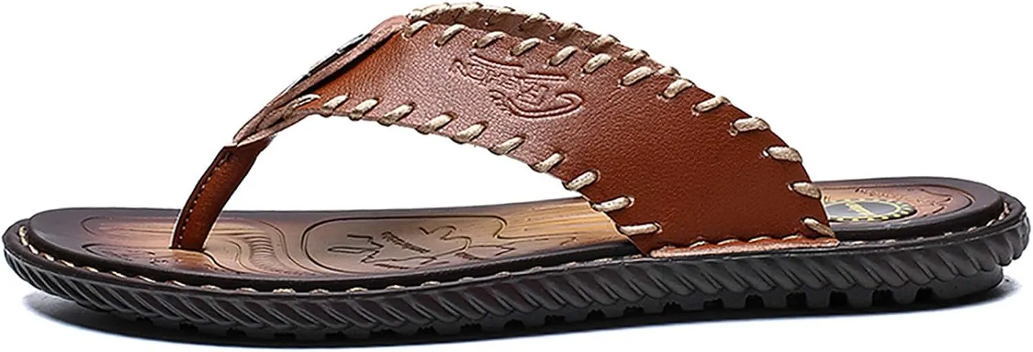 Mens Flip Flops Casual Leather Home Sandals for Mens Rubber Sole Slippers