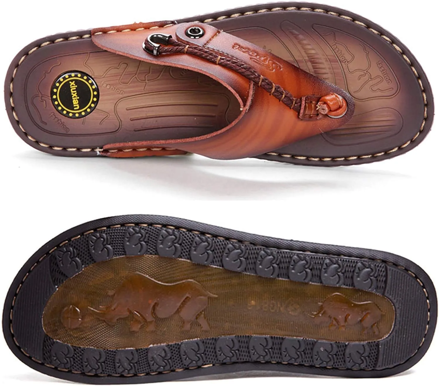 Mens Flip Flops Casual Leather Home Sandals for Mens Rubber Sole Slippers