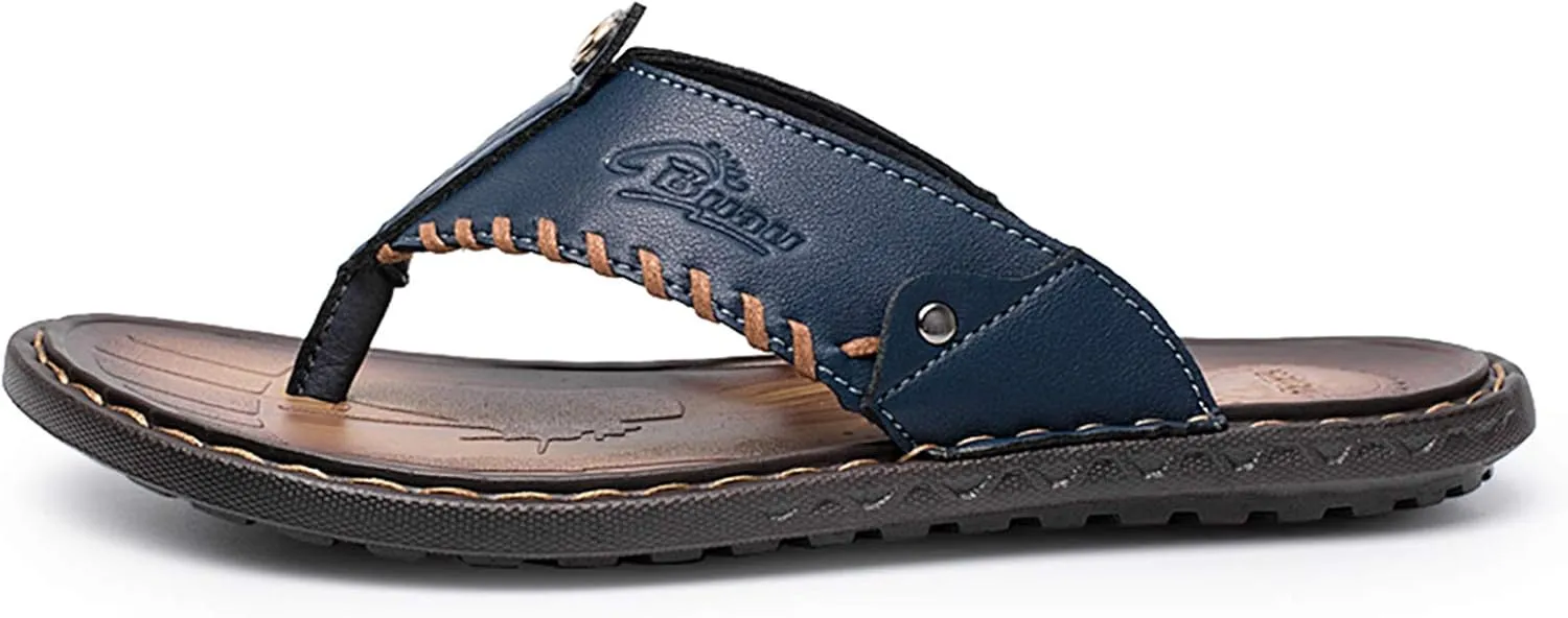 Mens Flip Flops Casual Leather Home Sandals for Mens Rubber Sole Slippers