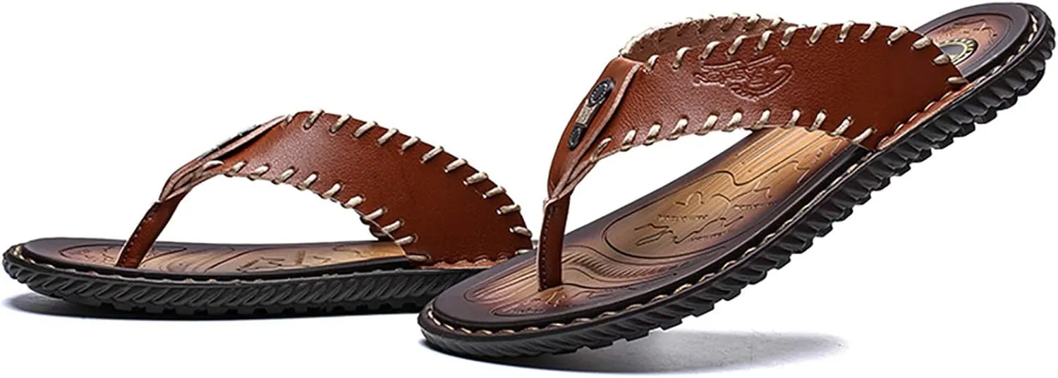 Mens Flip Flops Casual Leather Home Sandals for Mens Rubber Sole Slippers