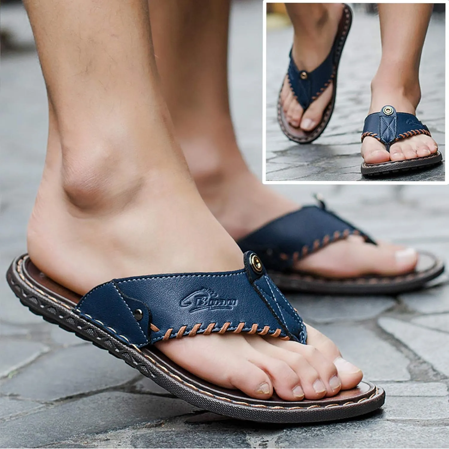 Mens Flip Flops Casual Leather Home Sandals for Mens Rubber Sole Slippers
