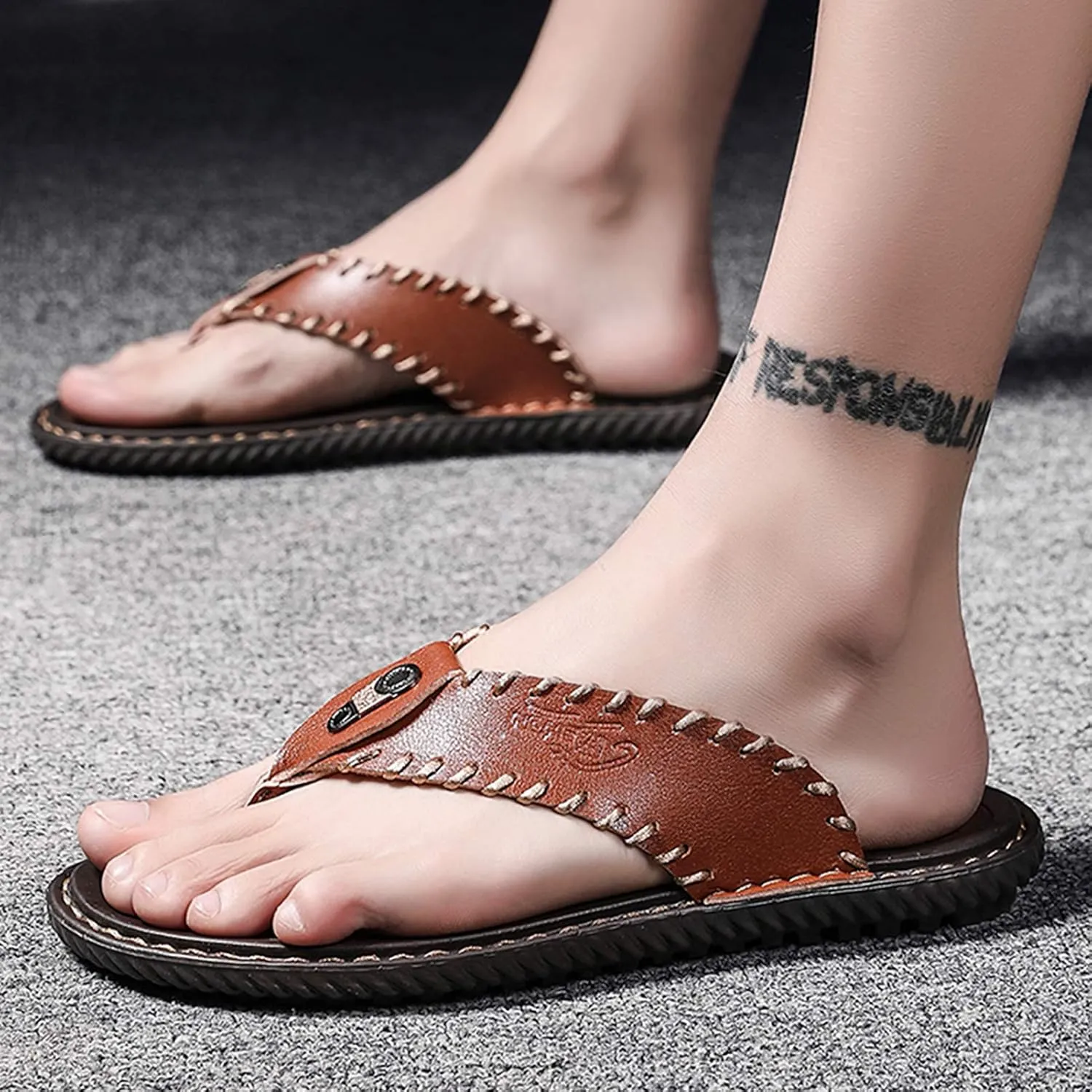Mens Flip Flops Casual Leather Home Sandals for Mens Rubber Sole Slippers