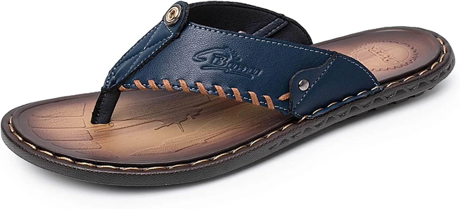 Mens Flip Flops Casual Leather Home Sandals for Mens Rubber Sole Slippers