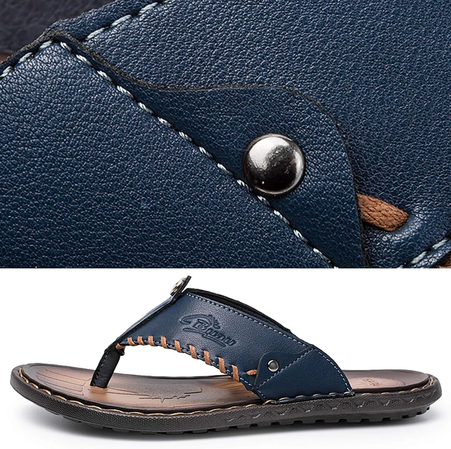 Mens Flip Flops Casual Leather Home Sandals for Mens Rubber Sole Slippers